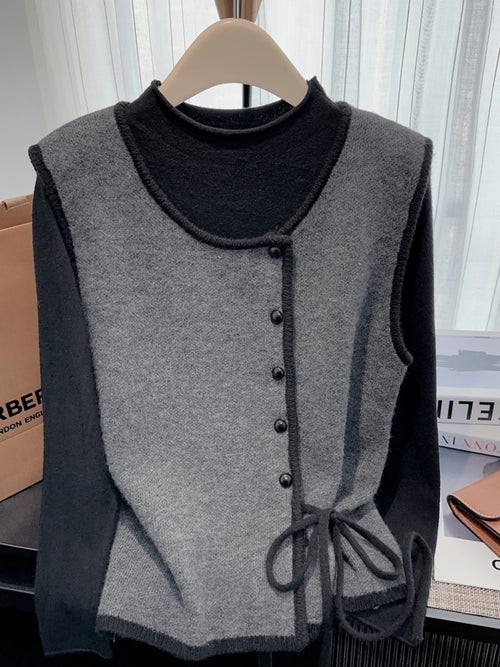 Women's Designer Lace-Up Vest and Long-Sleeve Base Shirt Two-Piece Set