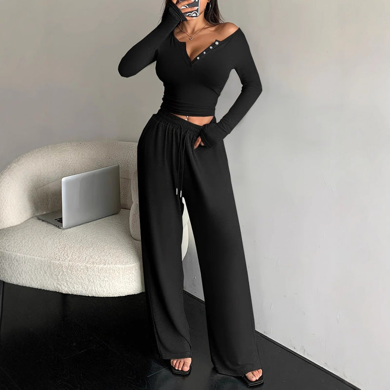 Women's V-Neck Buttoned Long Sleeve Pants
