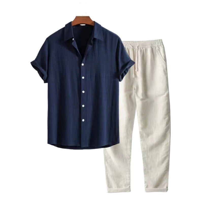 Men's Solid Color Short Sleeve Shirt and Pants Set