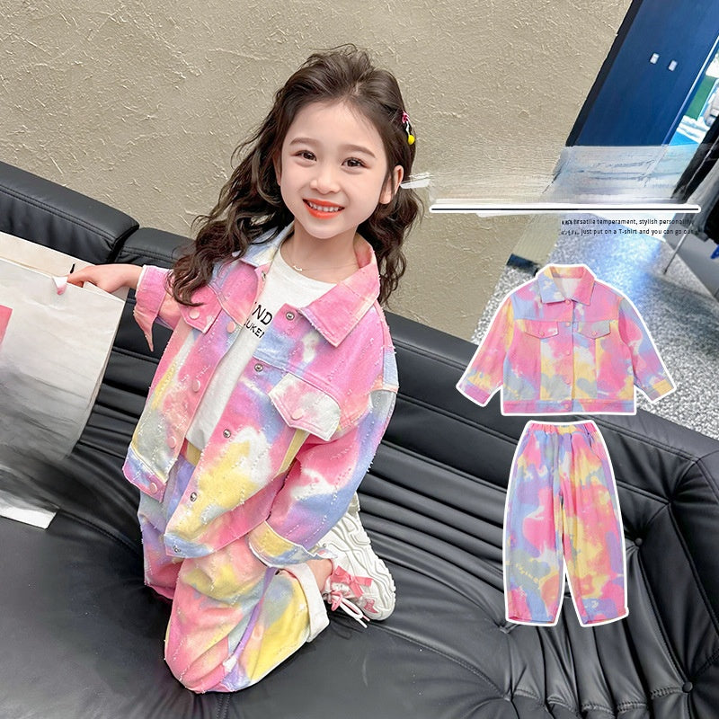 Girls' Tie-Dye Ripped Denim Two-Piece Set