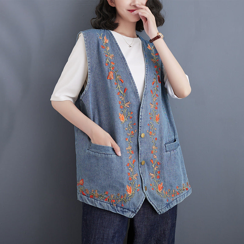 Women's Floral Embroidered Denim Vest