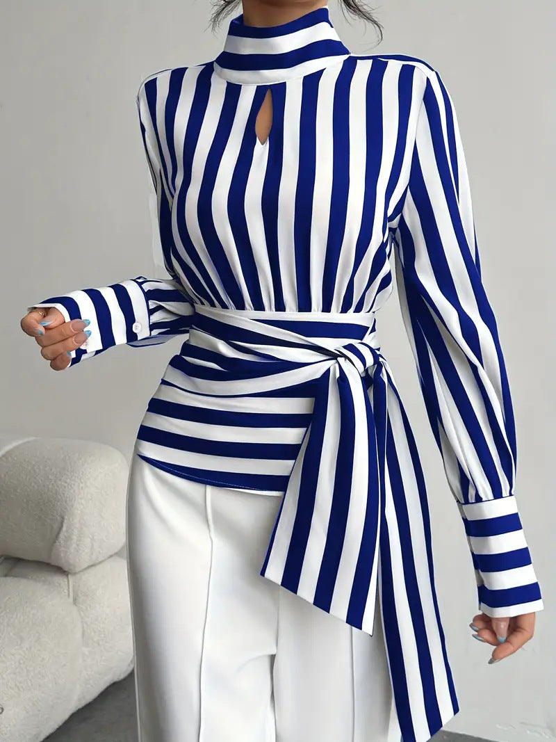Women's Striped Scarf Collar Blouse