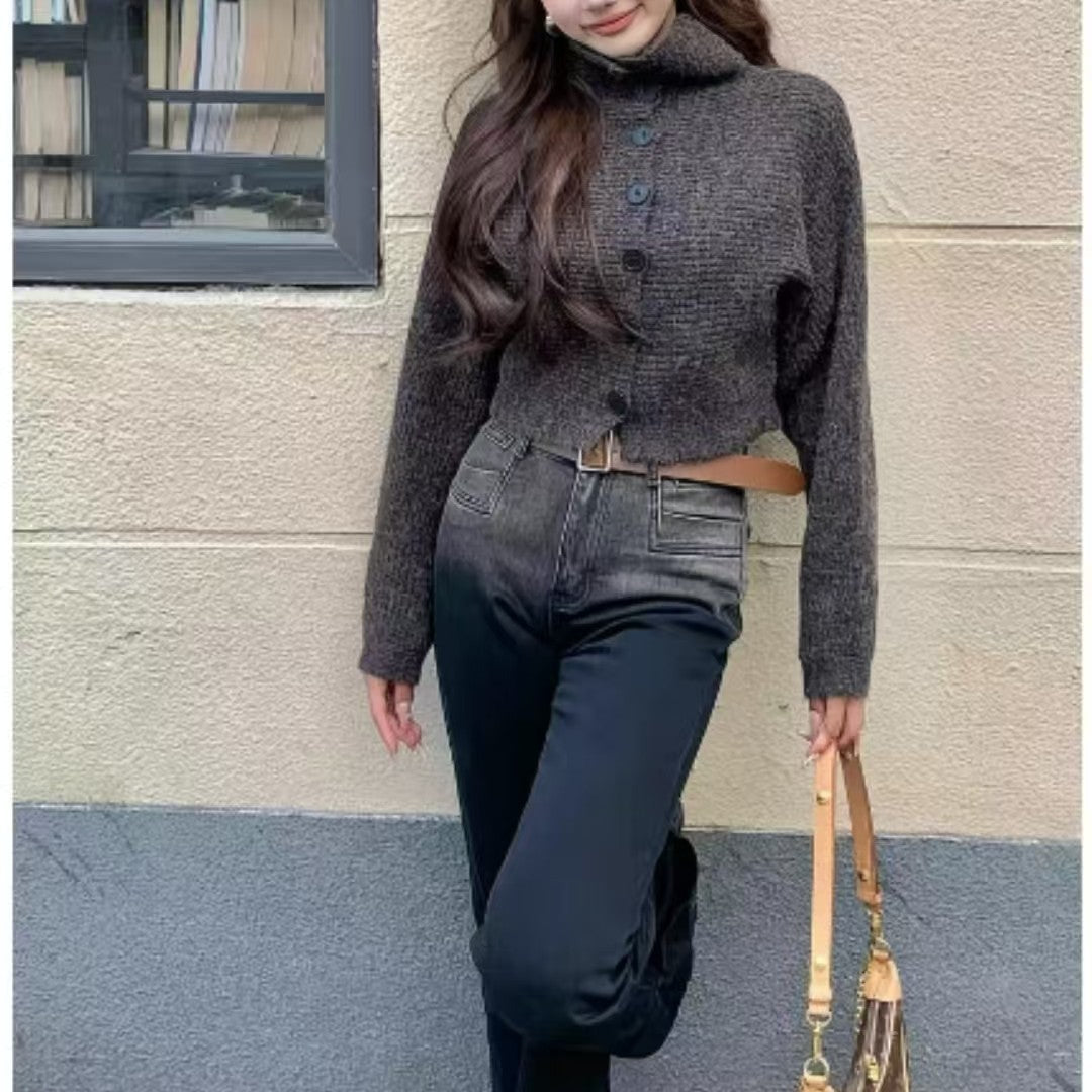 Loose Fit High Neck Long Sleeve Knit Cardigan