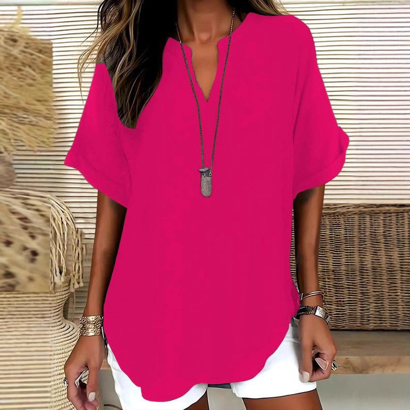 Solid-color V-neck casual blouse for women