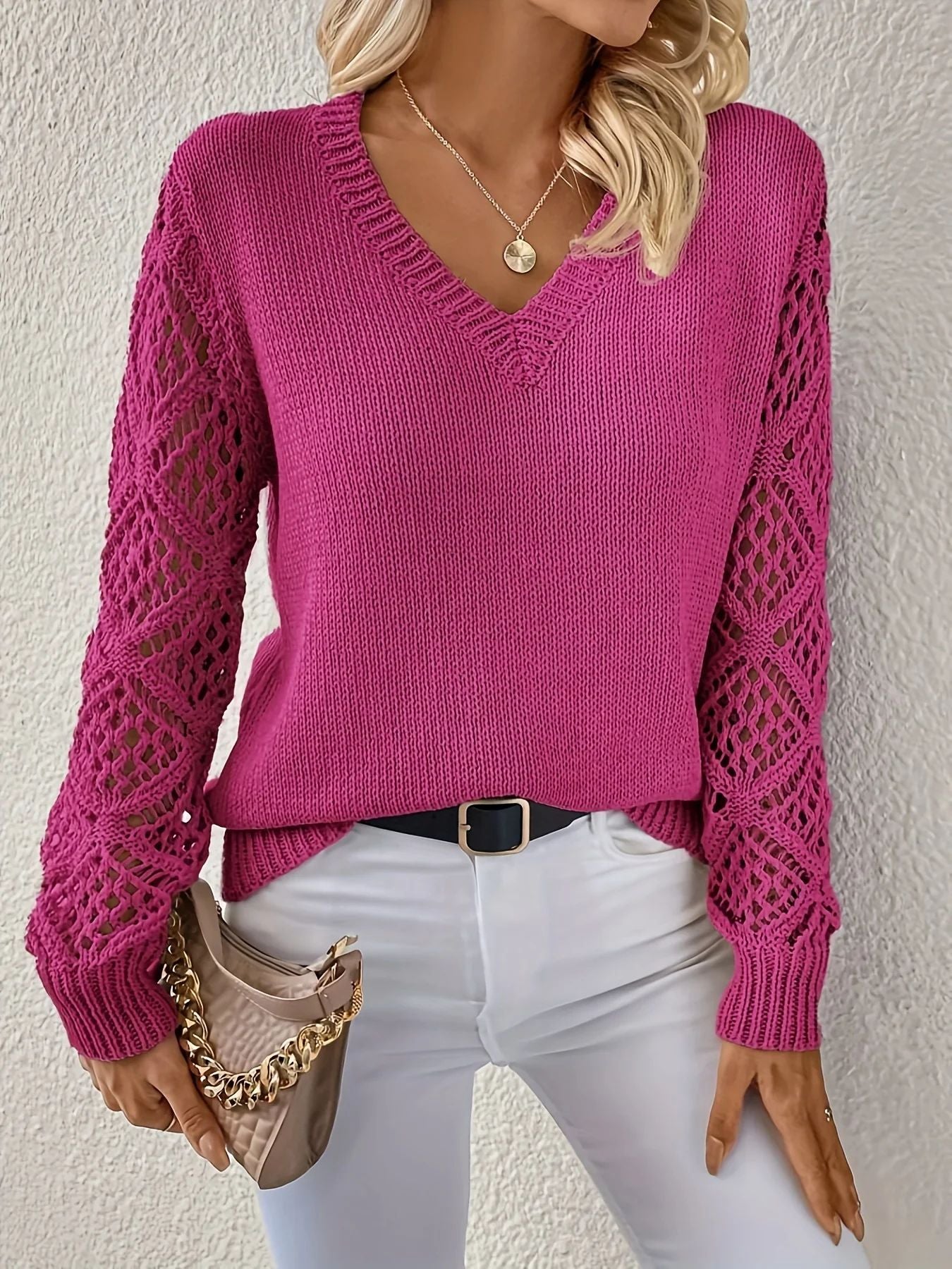 Lace Knitted Sweater Women's Loose V-Neck Long Sleeve Pullover