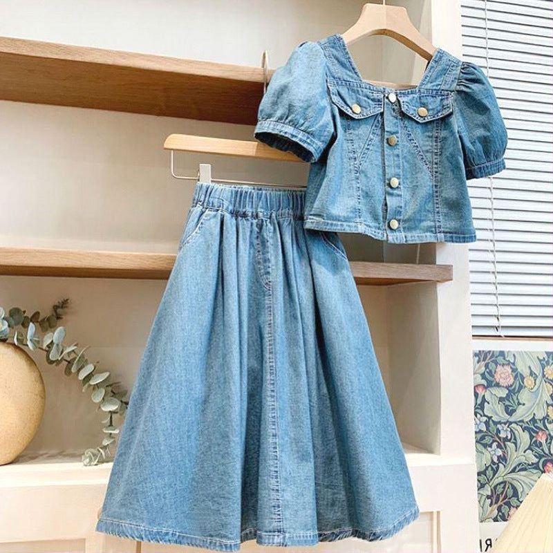 Girls' French Style Denim Skirt Suit - Two-Piece Skirt Suit
