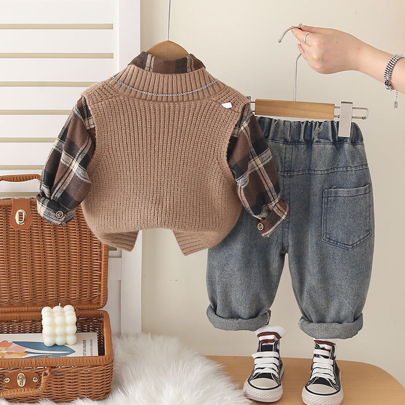 Boys' Plaid Shirt Vest Trousers Set