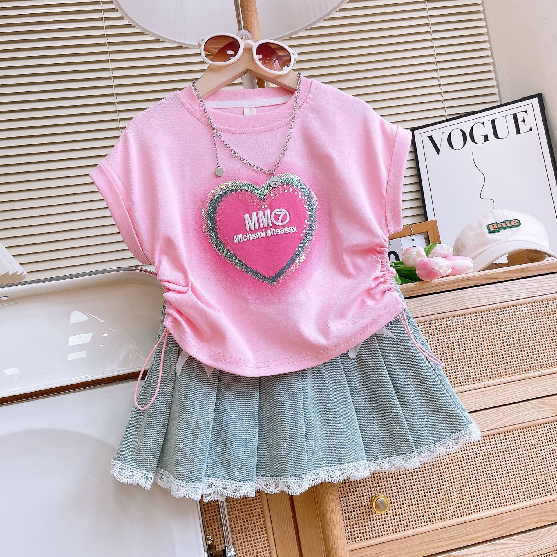 Girls' Sequins Denim Skirt Set with Lace Trim