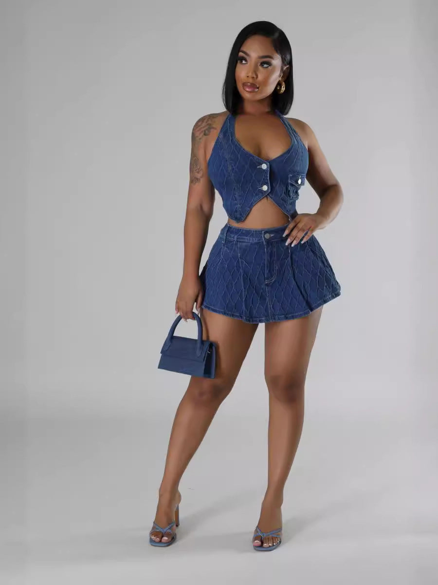 Women's Sleeveless Denim Top and Shorts Two-Piece Set