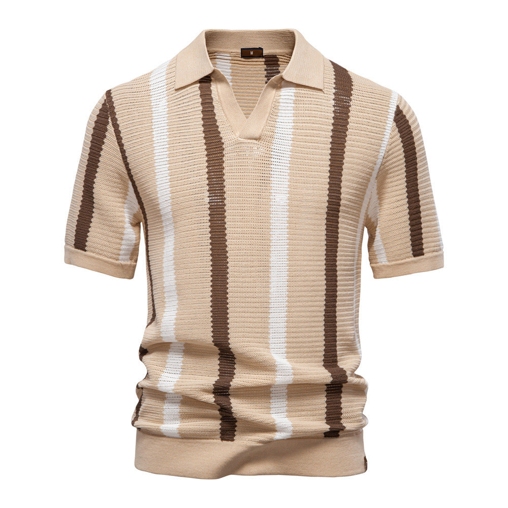 Breathable Striped Men's Polo Shirt Summer Short Sleeve Knit Top
