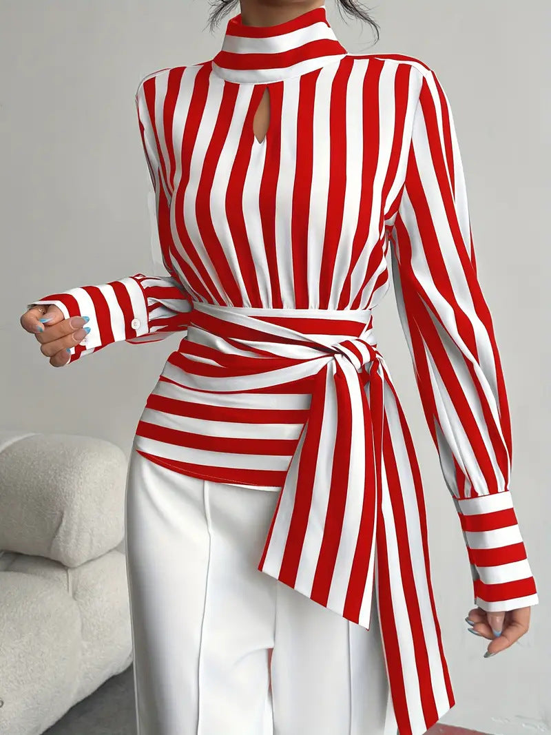 Women's Striped Scarf Collar Blouse