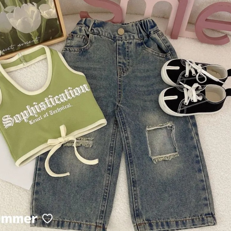 Girls' Summer Camisole Ripped Jeans