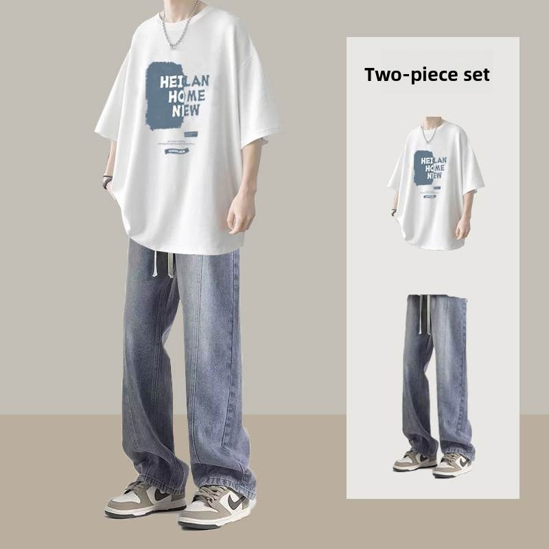 Short-sleeved T-shirt and straight-leg jeans set