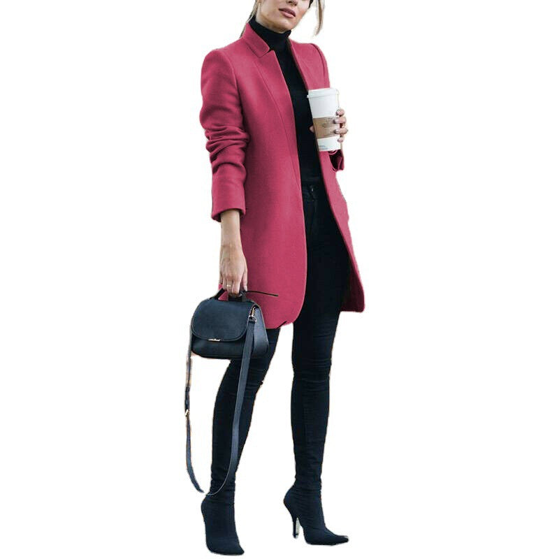 Solid color stand collar wool coat