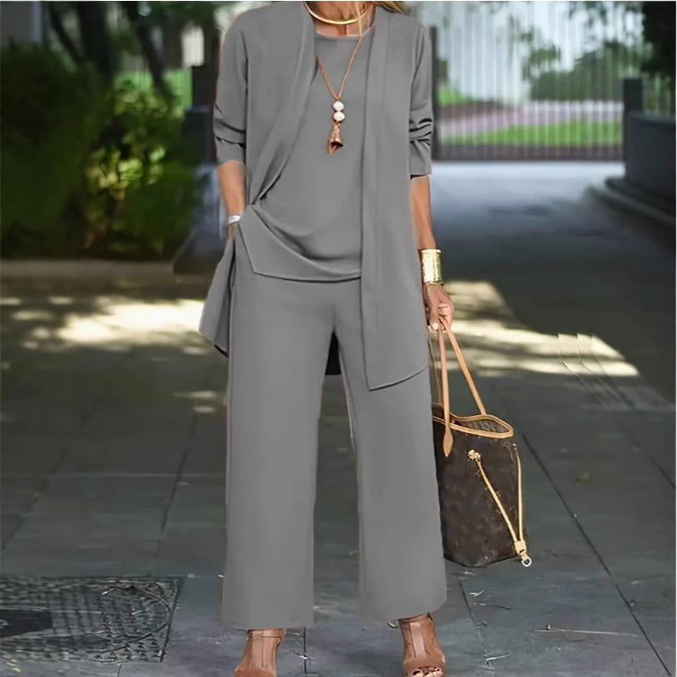 Women's Solid Color Casual Pants Suit - Three-Piece Set Top and Pants
