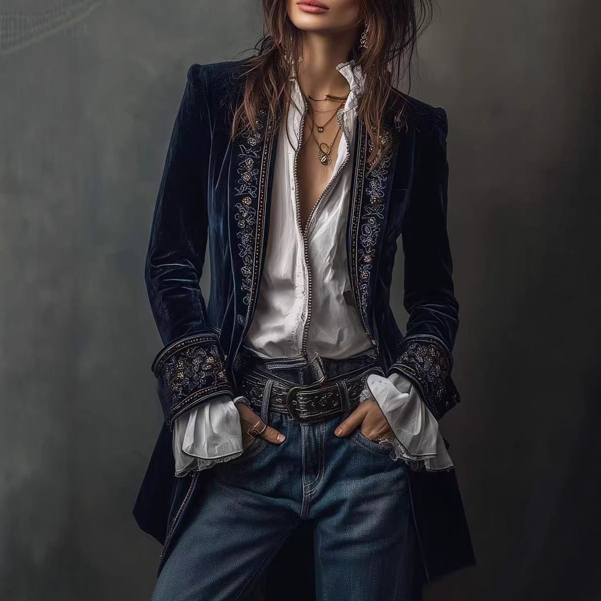 Long Sleeve Solid Color Patchwork Gold Velvet Jacket