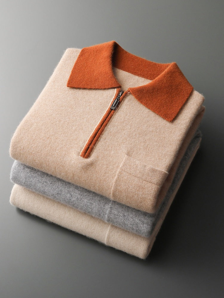 Men's Cashmere Knit Sweater Lapel Collar Long Sleeve