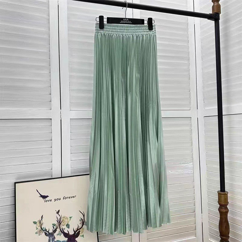 Satin Pleated Midi Skirt High Waist
