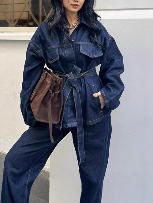 Women's Denim Suit with Waist Belt