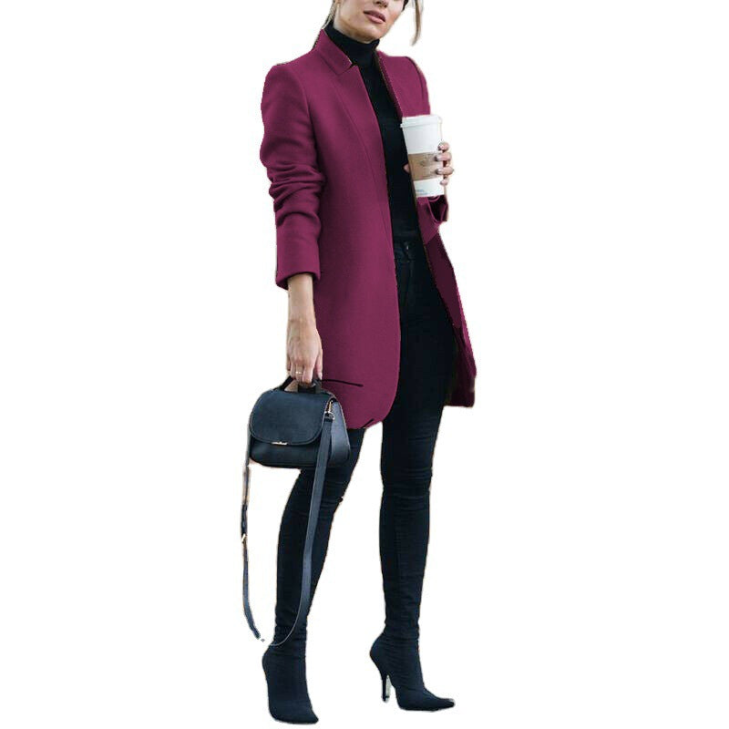 Solid color stand collar wool coat