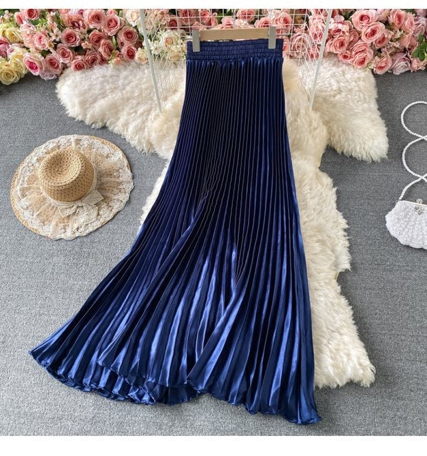 Satin Pleated Midi Skirt High Waist