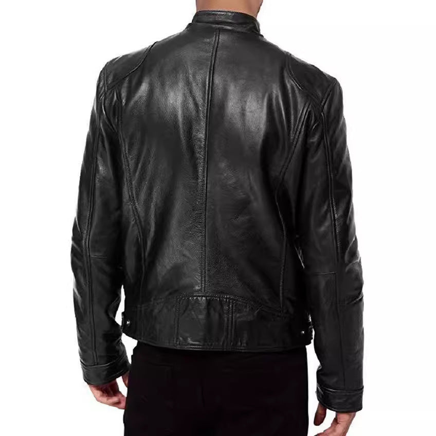 Men's Slim Fit PU Leather Biker Jacket with Zipper Pocket