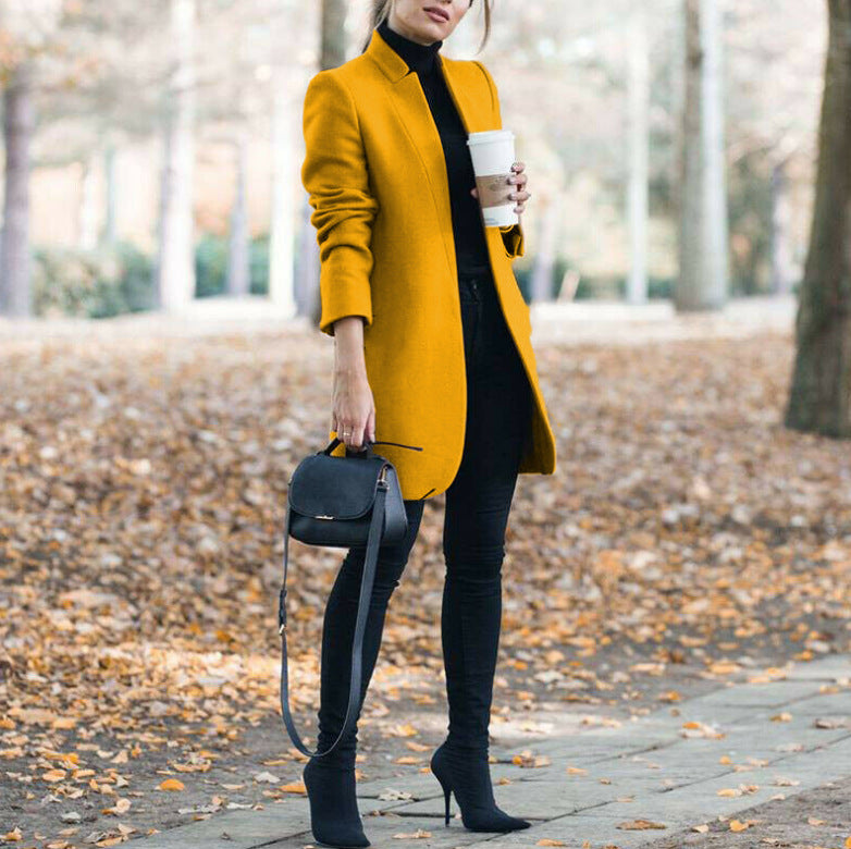 Solid color stand collar wool coat