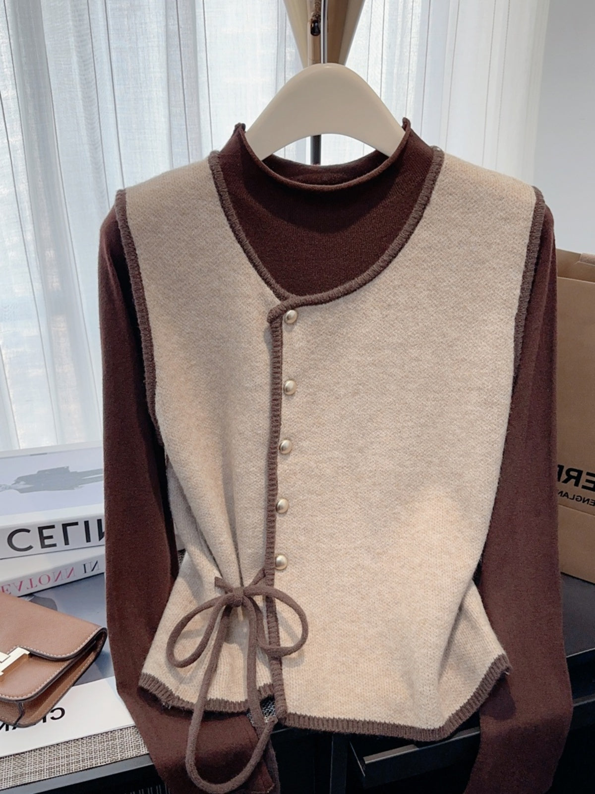 Women's Designer Lace-Up Vest and Long-Sleeve Base Shirt Two-Piece Set