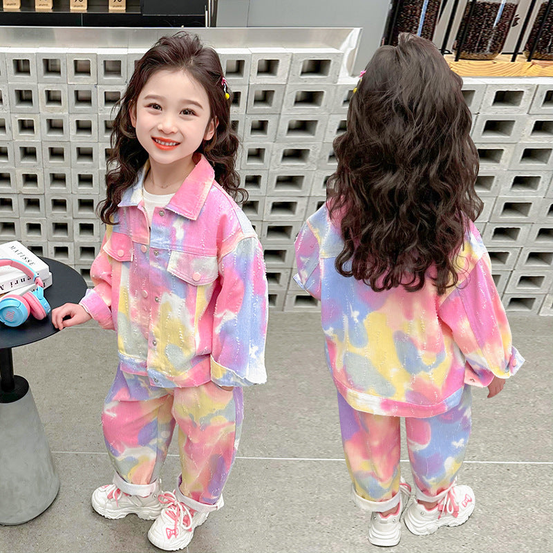 Girls' Tie-Dye Ripped Denim Two-Piece Set