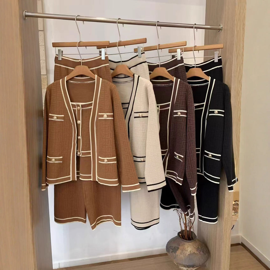 Knitted cardigan, vest, and wide-leg pants set