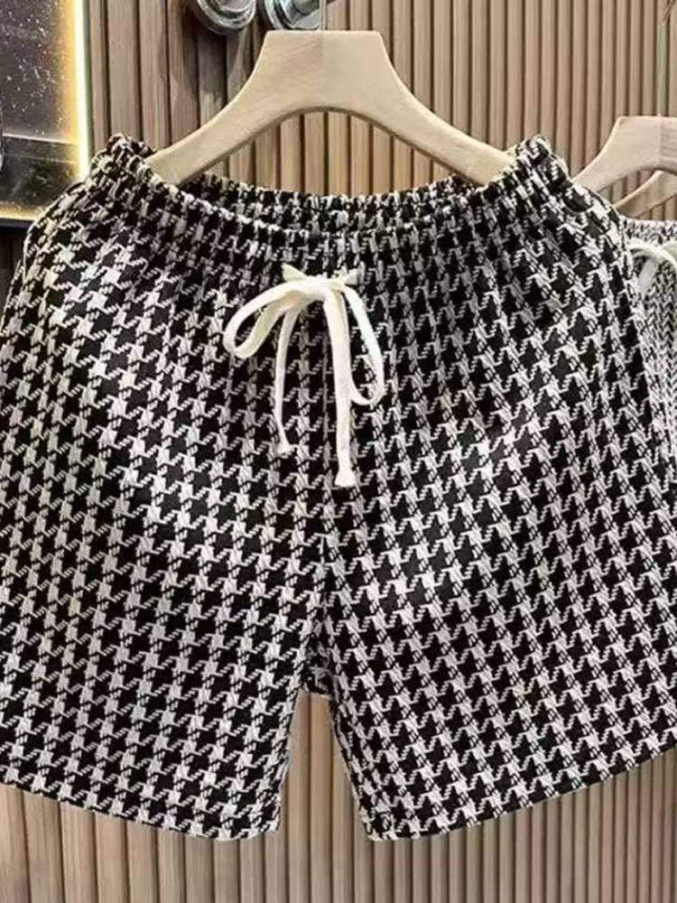 Men's Casual Houndstooth Shorts with Tie Waist