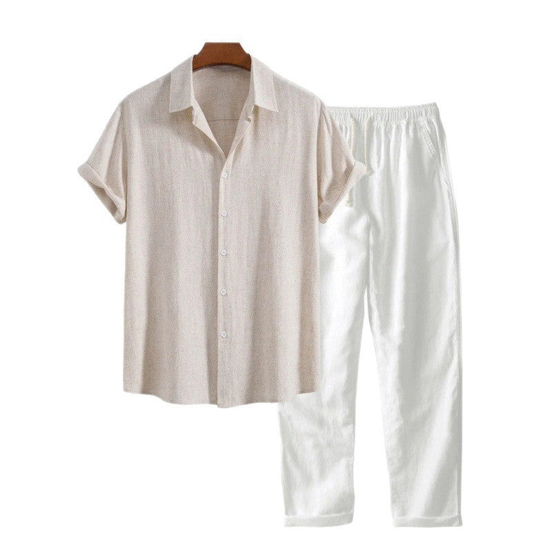 Men's Solid Color Short Sleeve Shirt and Pants Set