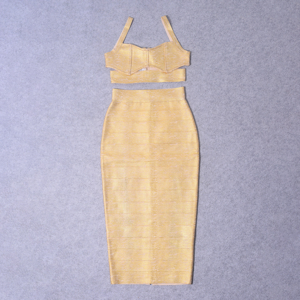 Women's gold-embossed bandage top long skirt - camisole top and long skirt