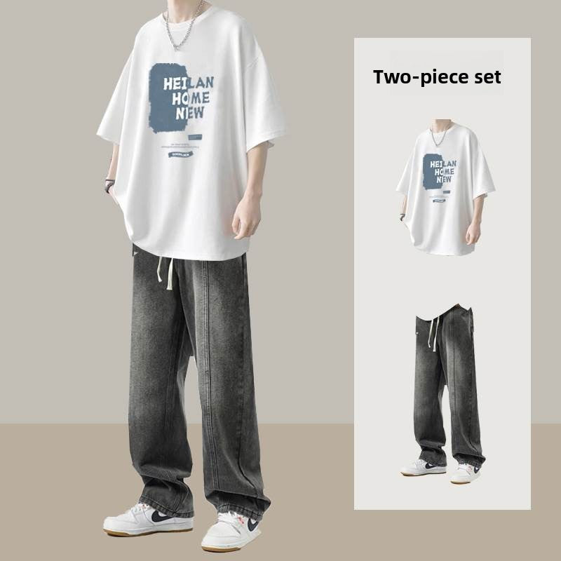 Short-sleeved T-shirt and straight-leg jeans set