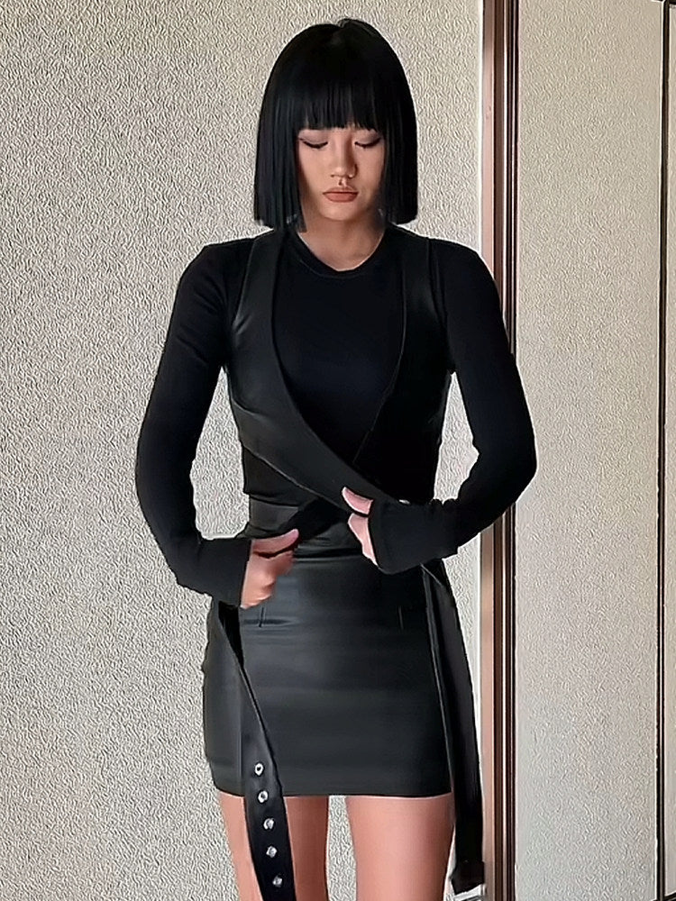 Three-piece set - vest, knitted top, and short skirt