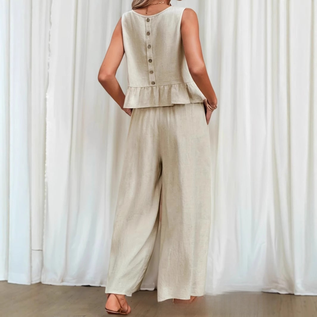 Sleeveless pleated blouse wide-leg nine-inch pants