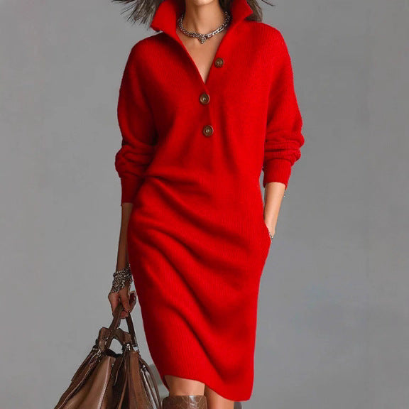Casual collared loose-fitting mid-length sweater dress