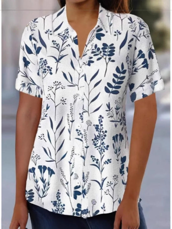 Dragonfly Flower Print Short-Sleeved Shirt