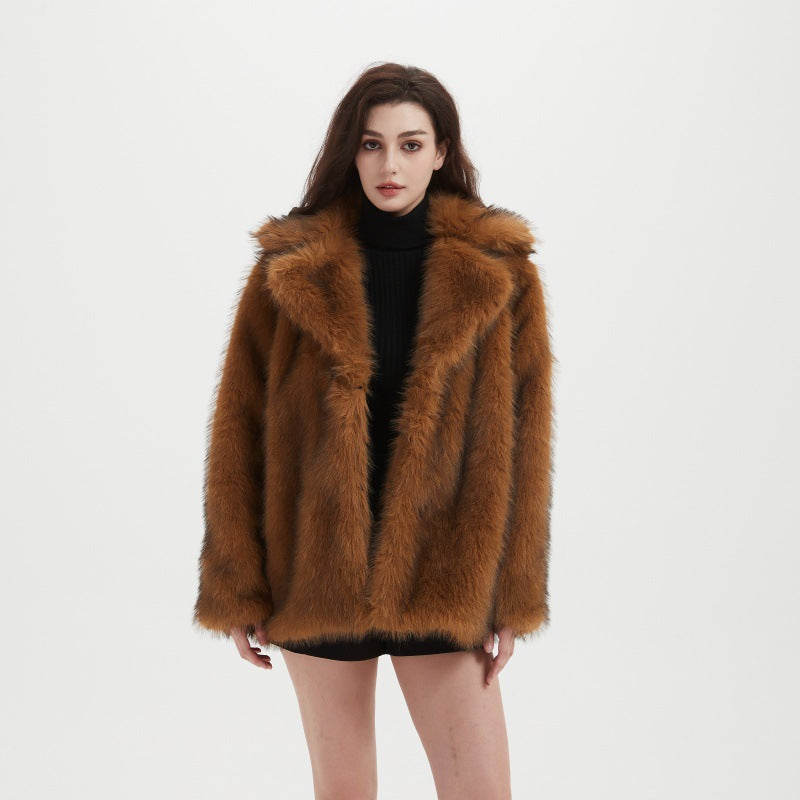 Women's Faux Fur Mid-Length Coat with Extended Collar