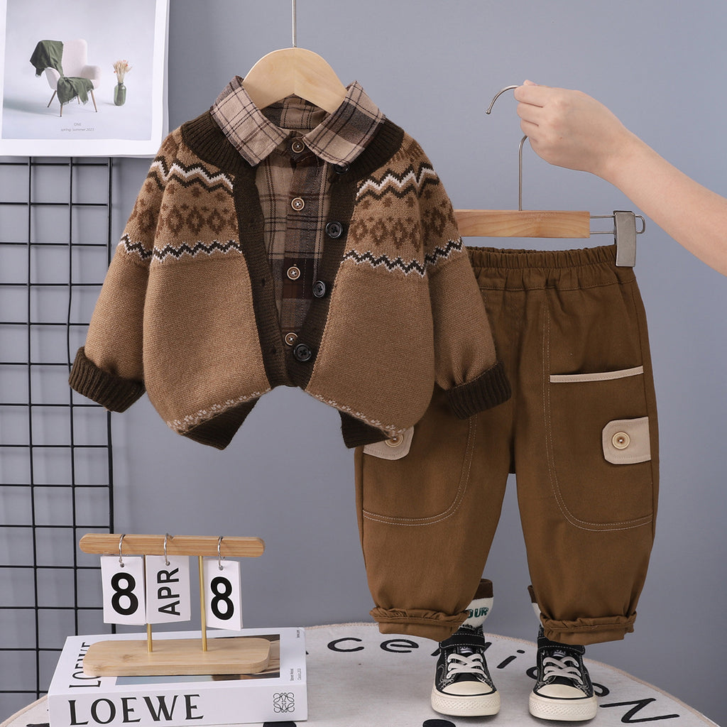 Boys Knitted Cotton Cardigan Plaid Shirt