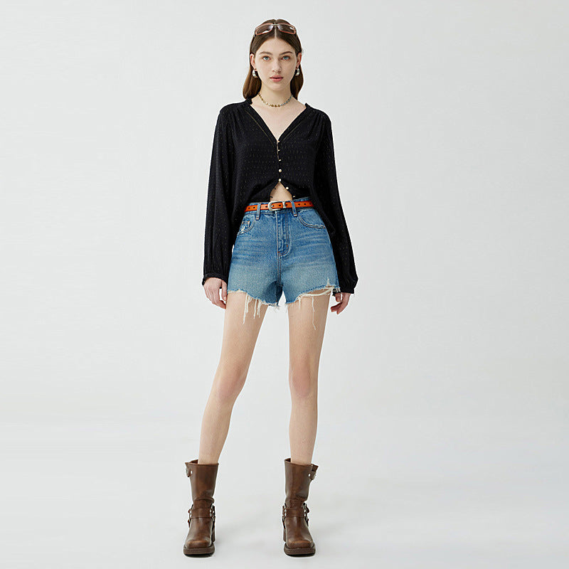 Embroidered High Waist Denim Shorts