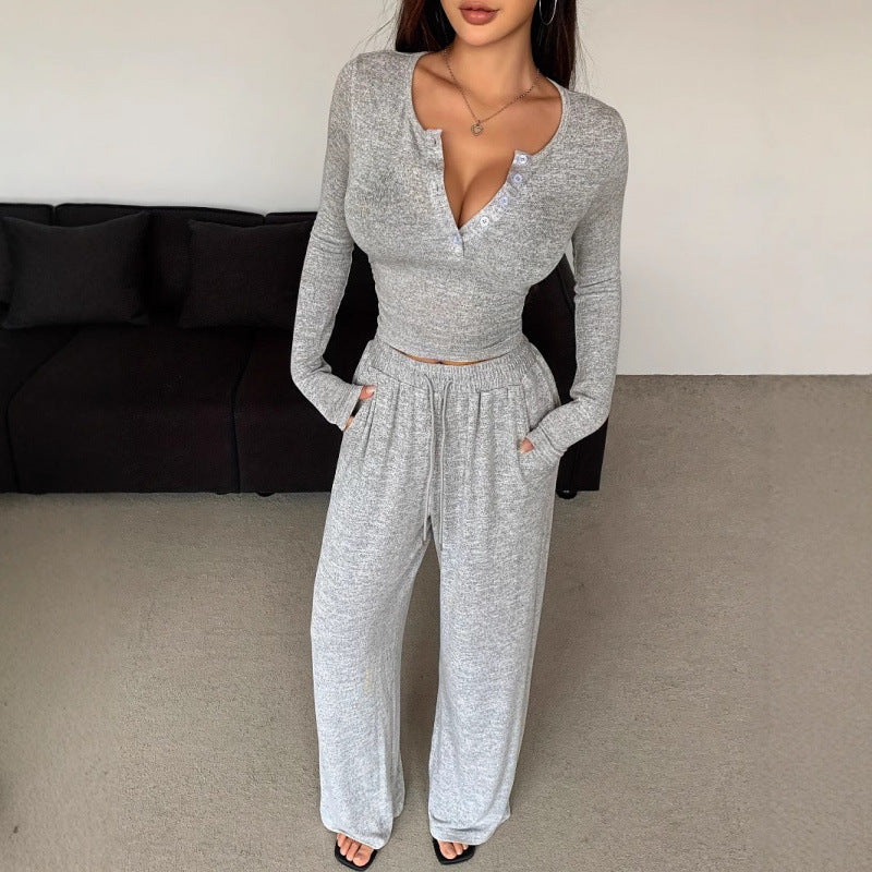 Women's V-Neck Buttoned Long Sleeve Pants