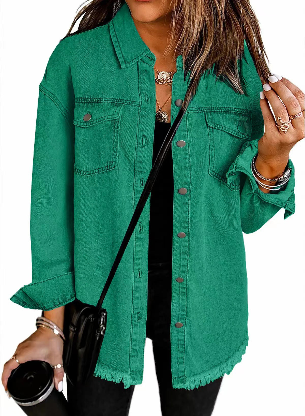Washed Denim Shirt Jacket with Frayed Hem