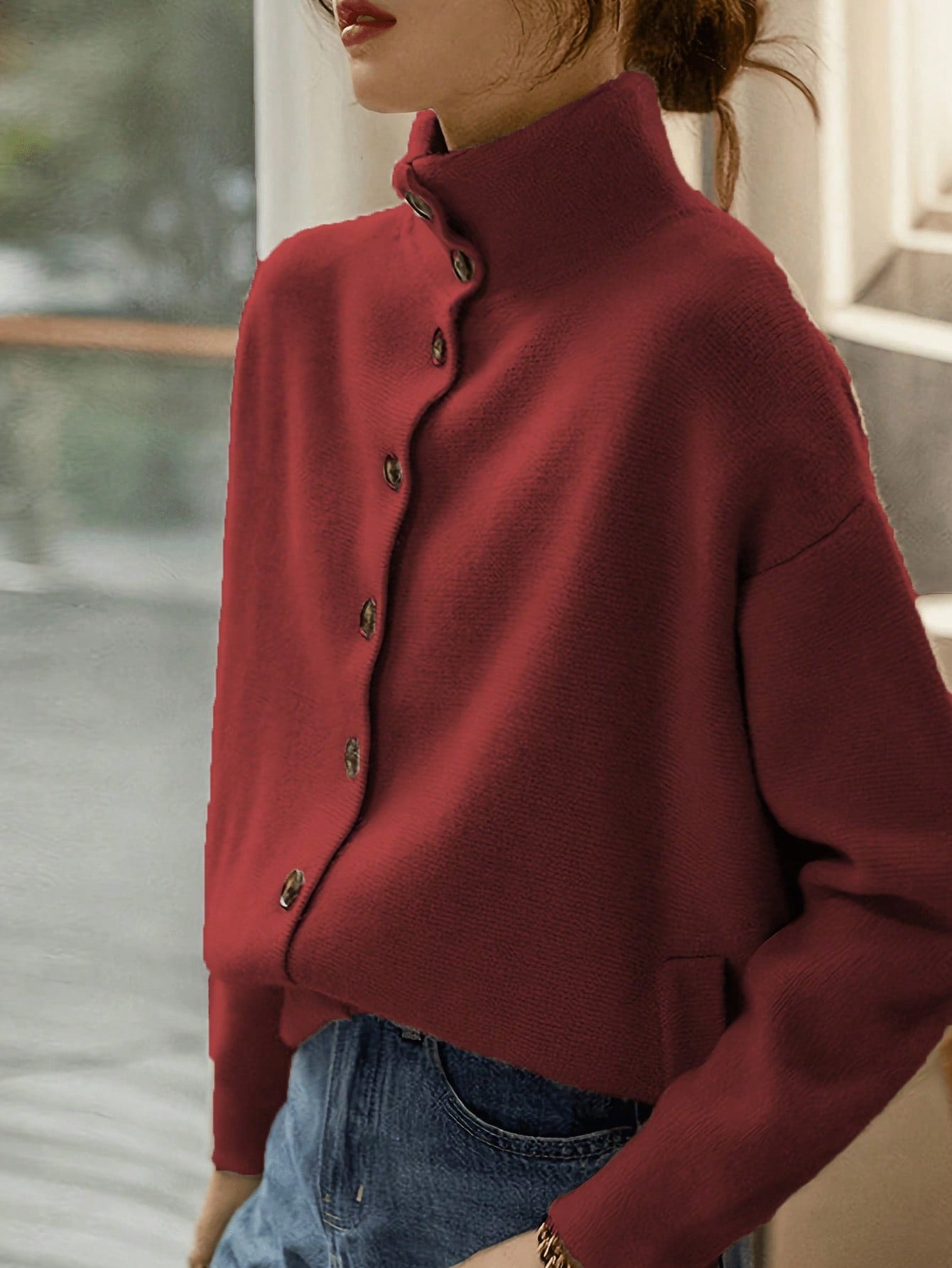 Stand-Up Collar Long-Sleeved Knitted Cardigan