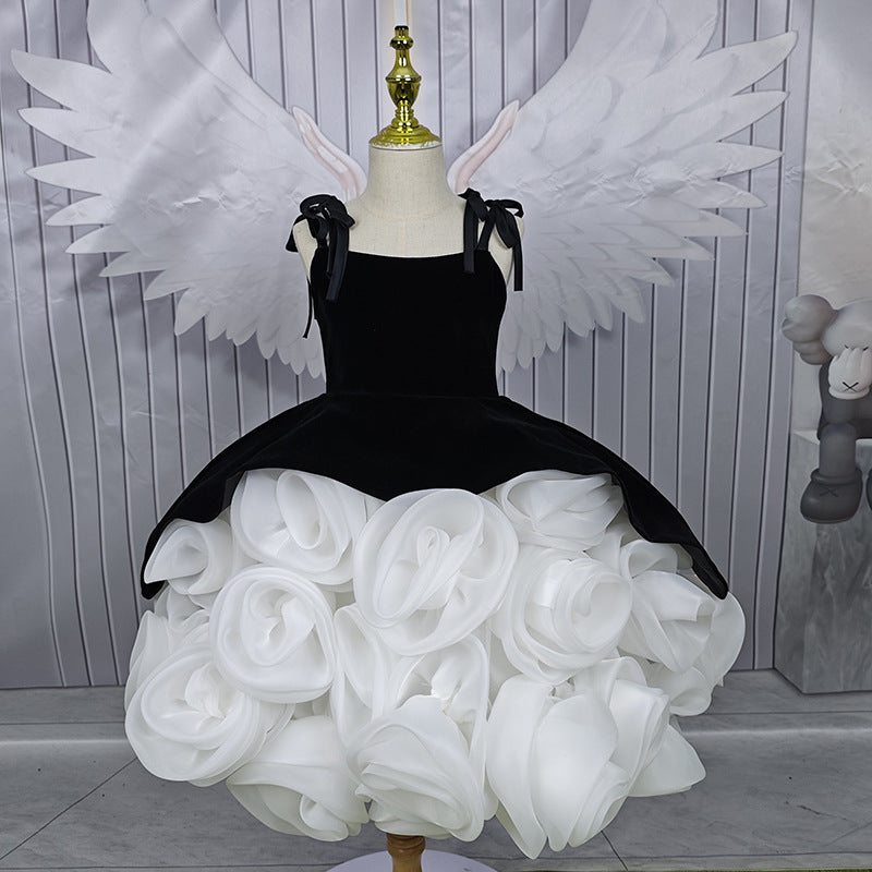 Girl's Black Princess Dress with 3D Flowers