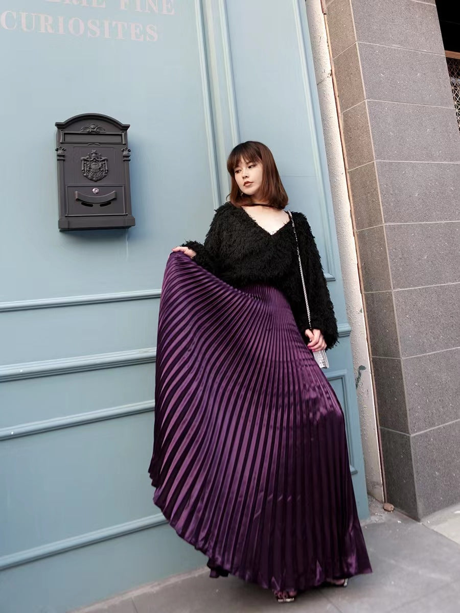 Satin Pleated Midi Skirt High Waist