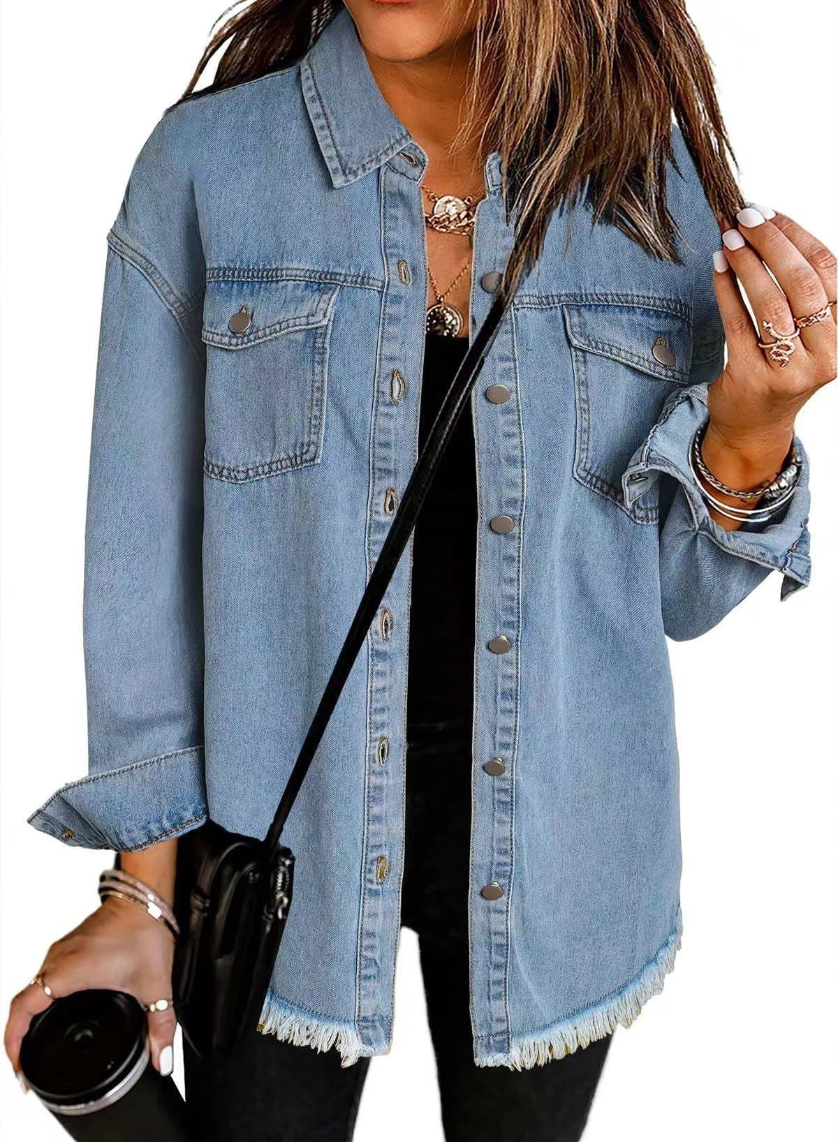 Washed Denim Shirt Jacket with Frayed Hem