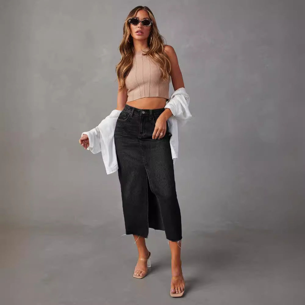 Stylish A-line Denim Skirt with Side Slit