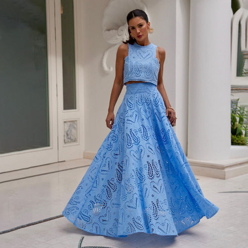 Elegant Sleeveless Lace Skirt Two-Piece Set