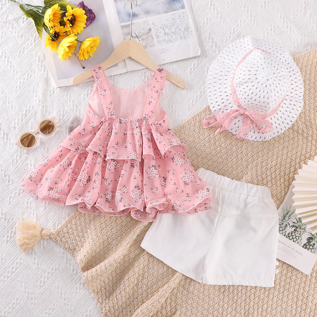 Girls' Floral Bow Pearl Chiffon Suspender Set with Hat